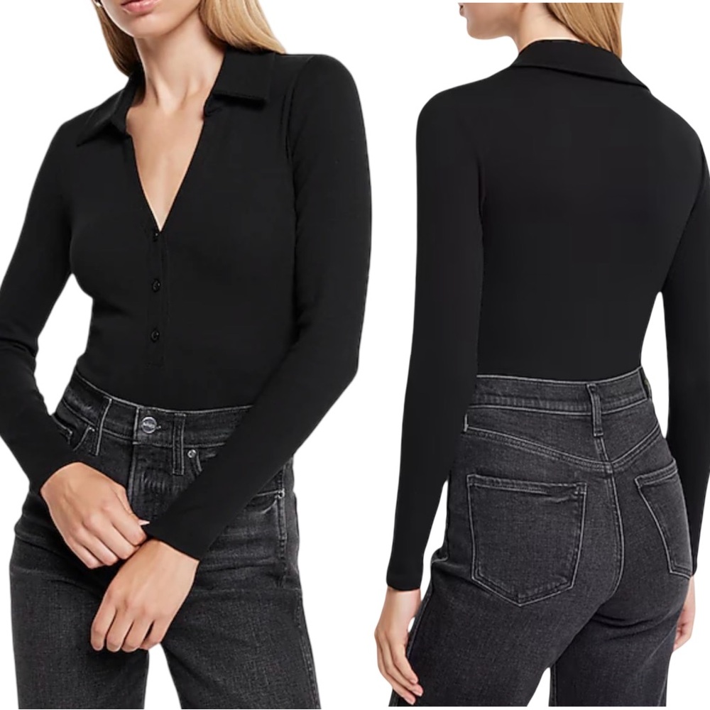 NWT!! Express Ribbed V-neck Long Sleeve Henley Polo Thong Bodysuit Black  - Sz M